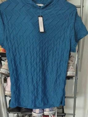 Discreet Blue Textured Short Sleeve Top